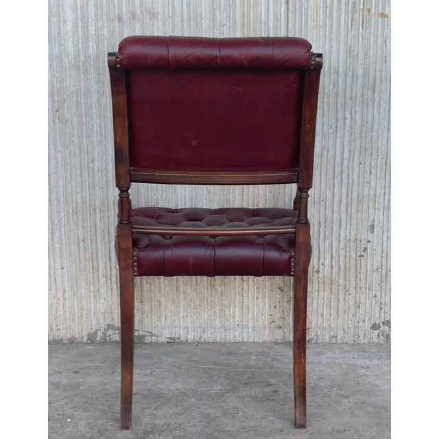 Wood Set of Ten Restored Early 20th Century Chesterfield Hardwood Red Leather Dining Armchairs For Sale - Image 7 of 18