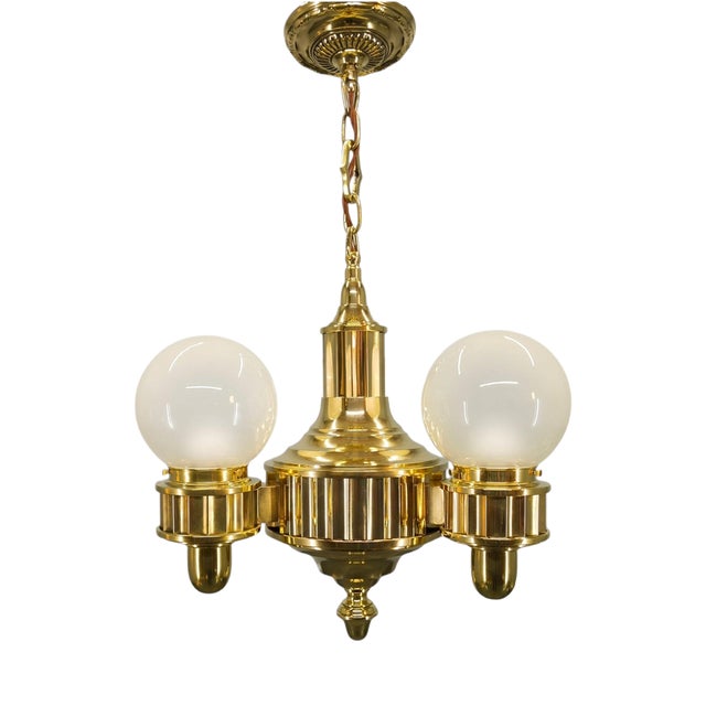 Art Deco Brass and Opaline Glass Chandelier, Czechoslovakia, 1930s For Sale