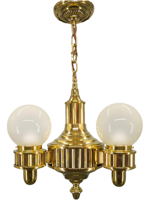 Art Deco Brass and Opaline Glass Chandelier, Czechoslovakia, 1930s