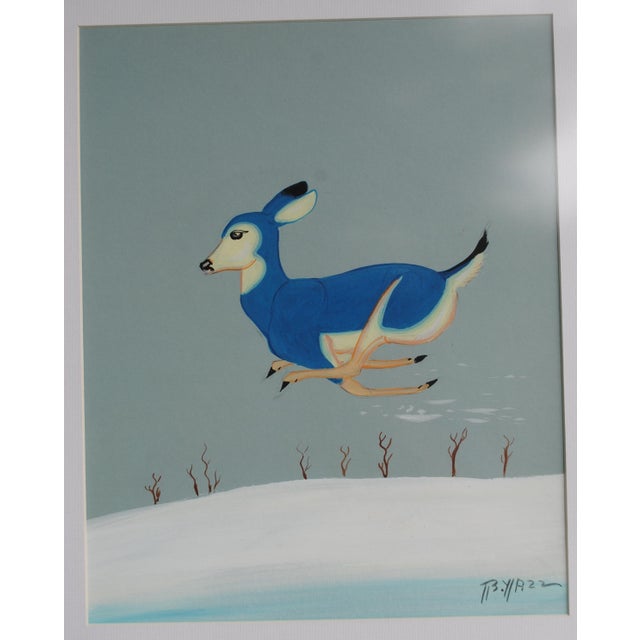Vintage Beatien Yazz Navajo Gouache Original Painting Blue Deer Signed For Sale - Image 4 of 10