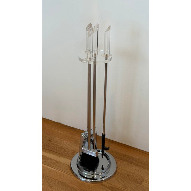 1970s Modernist Chrome and Lucite Round Fireplace Tool Set - 4 Pieces For Sale - Image 9 of 12