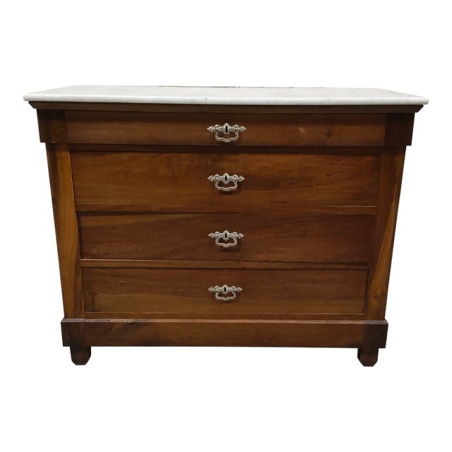 19th Century French Louis Philippe Walnut Commode With Carrara Marble Top – Four Drawer For Sale