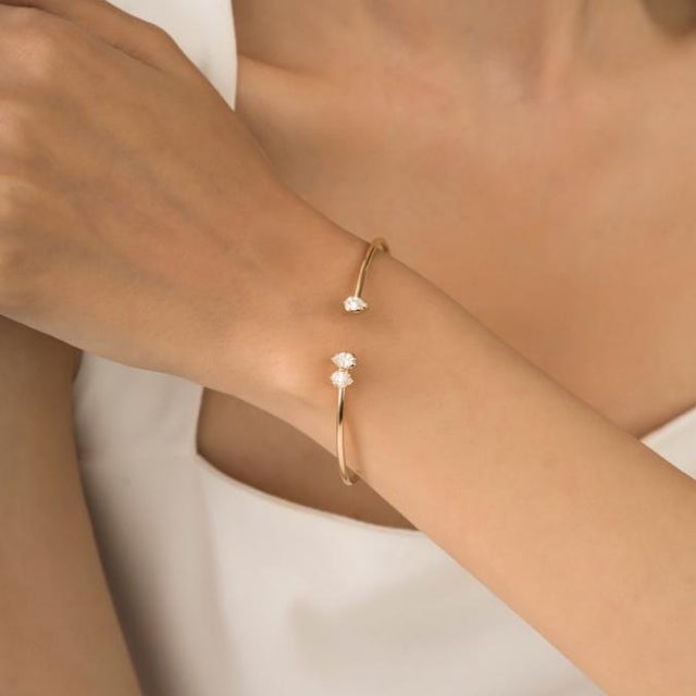 Contemporary Modern Pear Cut Diamond Open Cuff Bangle Bracelet for Her in 14k Yellow Gold For Sale - Image 3 of 16