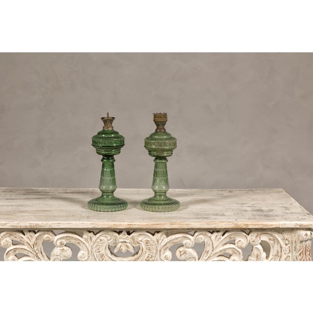 Green Glass Gas Lights with Meander Friezes, a Vintage Near Pair For Sale In New York - Image 6 of 12