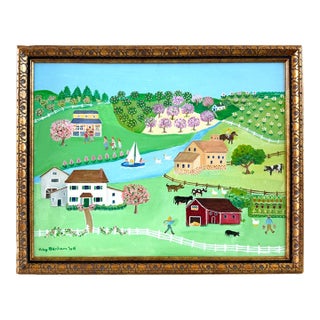 A Country Folk Art Rural Farm Scene Signed Kay Benham 06 Oil on Canvas For Sale