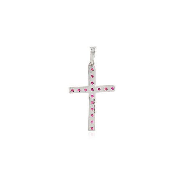 Metal Round Cut Ruby Cross Charm Pendant Crafted in 18k Solid White Gold For Sale - Image 7 of 10