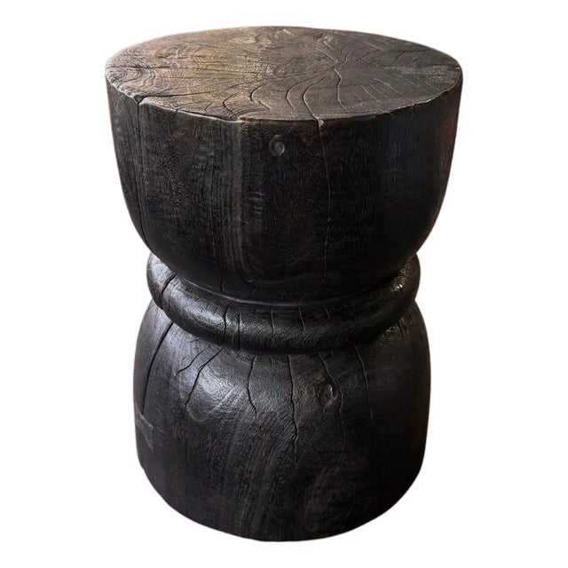 Hand-Carved Burnt Suar Wood Side Table in Espresso Finish For Sale
