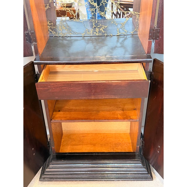 Mid-Century Carved Wood Bar Cabinet With Smoky Glass Interior For Sale - Image 4 of 12