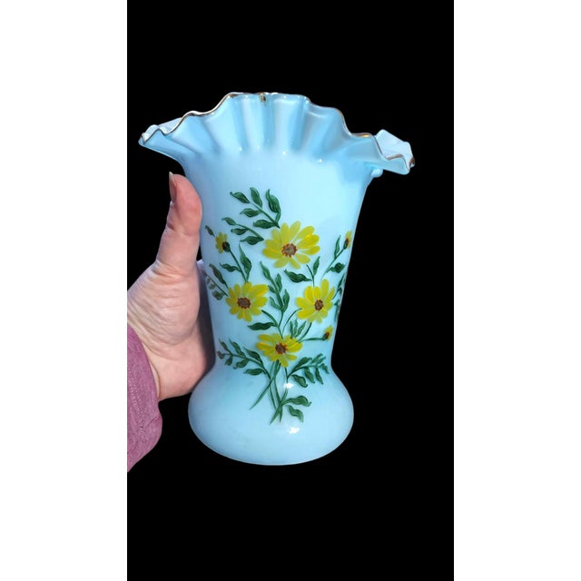 Pair of Antique Blue Opaline Bristol Glass Vases Ruffled Edge Hand Painted Matching Mantel For Sale - Image 4 of 10