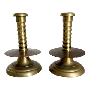 1960s Trumpet-Base Mid-Drip Textured Brass Candle Holders, Scandinavian Style Candlestick Holders - a Pair