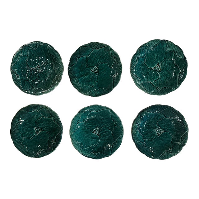 Set/6 Green Leaf Scalloped Majolica Plate From Gien For Sale