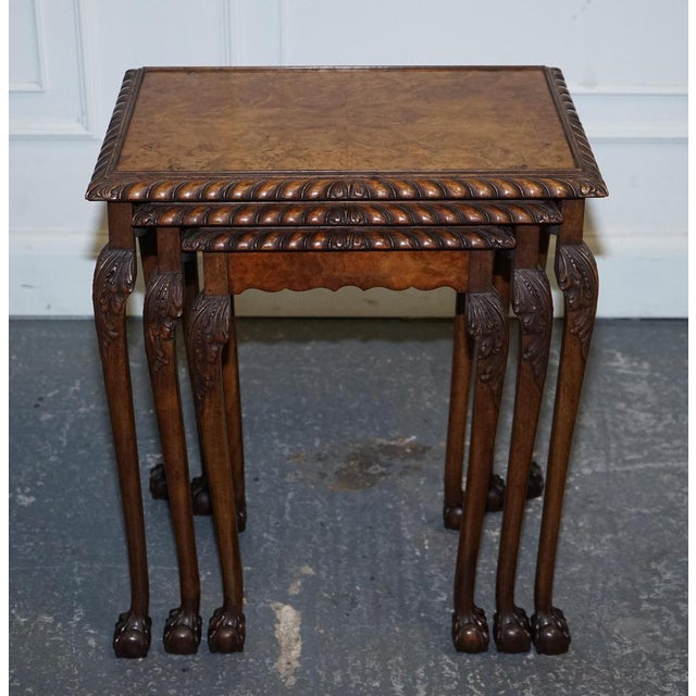 This Stunning Burr Walnut Nest of Three Tables Features. Exquisite craftsmanship and design showcase the rich, warm hues...
