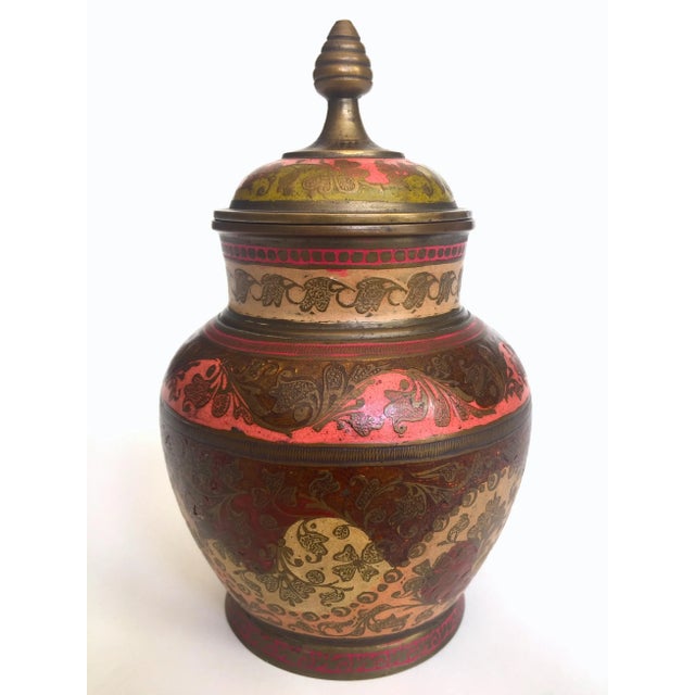 Vintage Mid Century India Brass Incised Multicolor Enamel Incense Urn Lidded Jar For Sale - Image 13 of 13