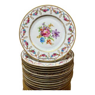 Set of 12 Antique Schumann Dresden German Hand Painted Flower Dinner Plates For Sale