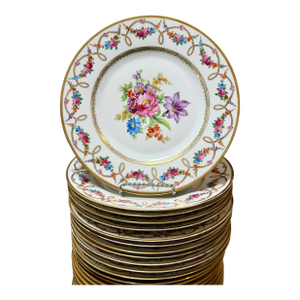 Set of 12 Antique Schumann Dresden German Hand Painted Flower Dinner Plates