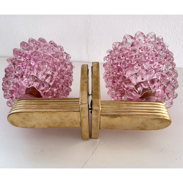 Italian Art Deco Brass and Pink Rostrato Murano Glass Wall Sconces, 1990s, Set of 2 For Sale - Image 11 of 13