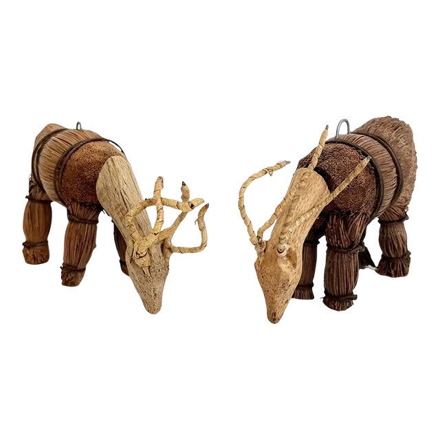 Vintage Carved Wood & Straw Deer Ornaments - a Pair For Sale