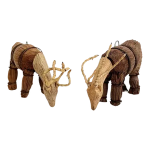 Vintage Carved Wood & Straw Deer Ornaments - a Pair