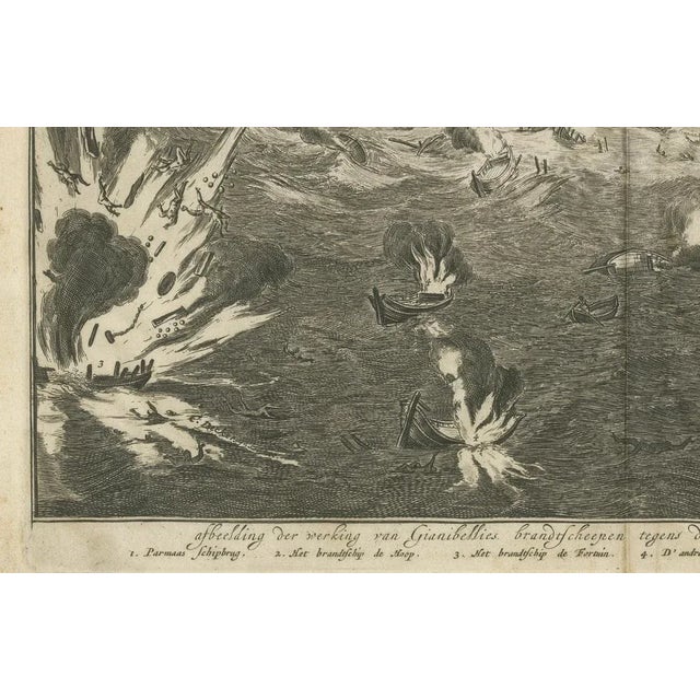 Coenraet Decker, 1585 Explosion of a Pontoon Bridge at the Siege of Antwerp, 1710, Print For Sale - Image 3 of 6
