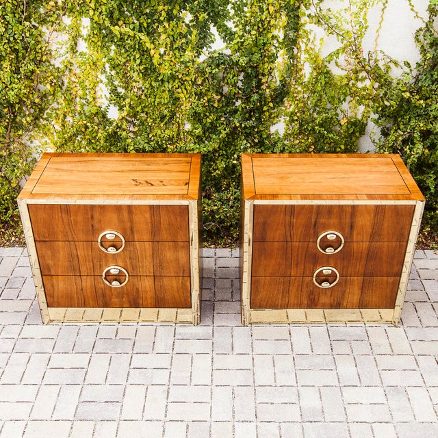 Fully refinished and exquisitely crafted pair of mid century modern three drawer zebrano dressers on plinth base by...