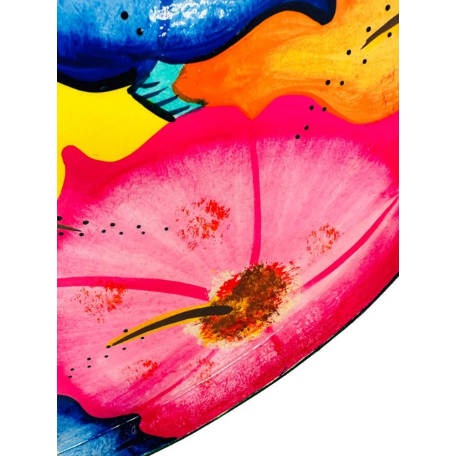 Vintage Colorful Hand-Painted Hibiscus Wood Tray For Sale In Tampa - Image 6 of 9