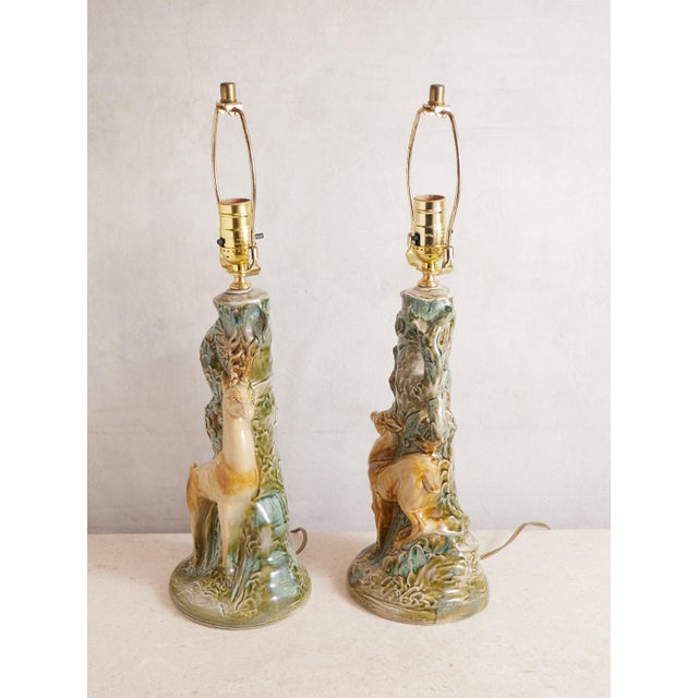 Green Mid 20th Century Deer Ceramic Lamps With Majolica Style Glaze - a Pair For Sale - Image 8 of 17