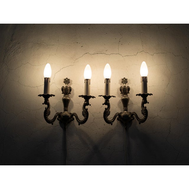 1960s Spanish French Neoclassical Cast Brass 2-Light Sea Horse Wall Sconces - A Pair For Sale - Image 9 of 9