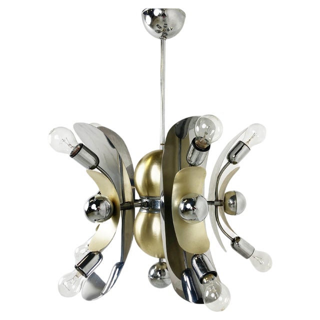 Vintage Italian Chrome & Brass Chandelier, 1970s For Sale