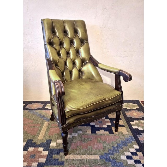 Wood Olive Green Tufted Leather Chesterfield Library Chair, 1970s For Sale - Image 7 of 12