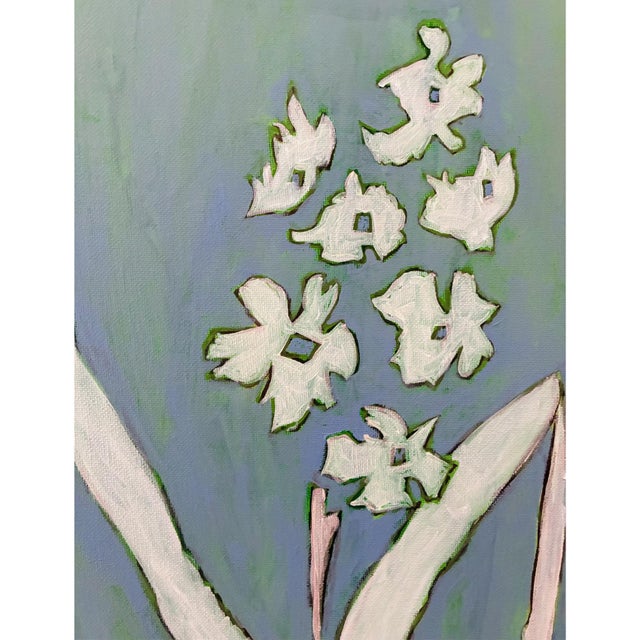 Original Framed Botanical Iris Painting White Flower Wall Art Oil Canvas in Gold Bamboo Frame Minimalist Boho Home Decor by Tattiana Duperault For Sale - Image 4 of 5