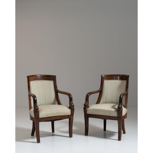 Pair of 19th Century French Chestnut Brown Empire Upholstered Armchairs For Sale - Image 11 of 15