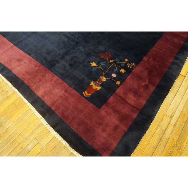 Textile 1920s Solid Blue Open Field Antique Chinese Art Deco Knotted Rug 11' 2" X 14' 2" For Sale - Image 7 of 11