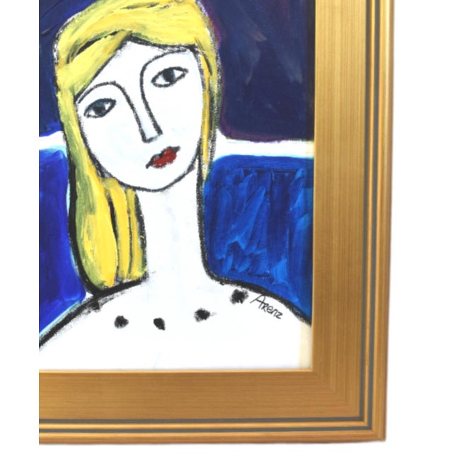 Original one-of-a-kind folk art oil painting of a woman with blonde hair on stretched artist canvas. The talented artist...