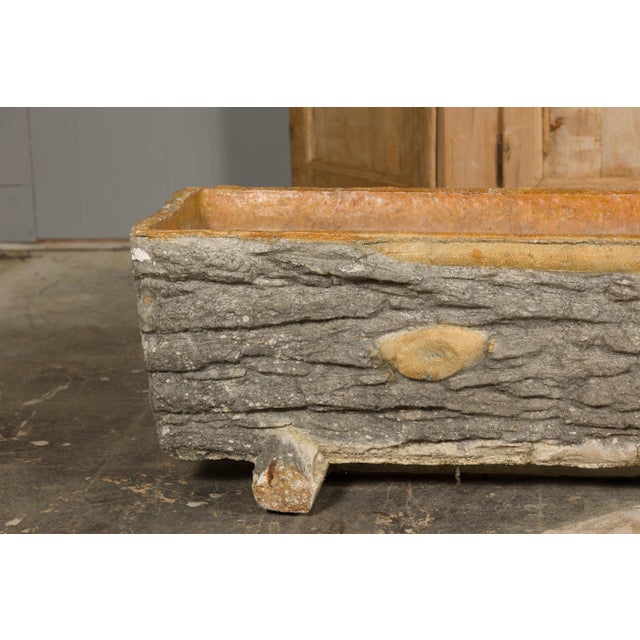 Rustic Pair of Faux Bois Midcentury Trough Shaped Concrete Planters, circa 1930 For Sale - Image 9 of 12