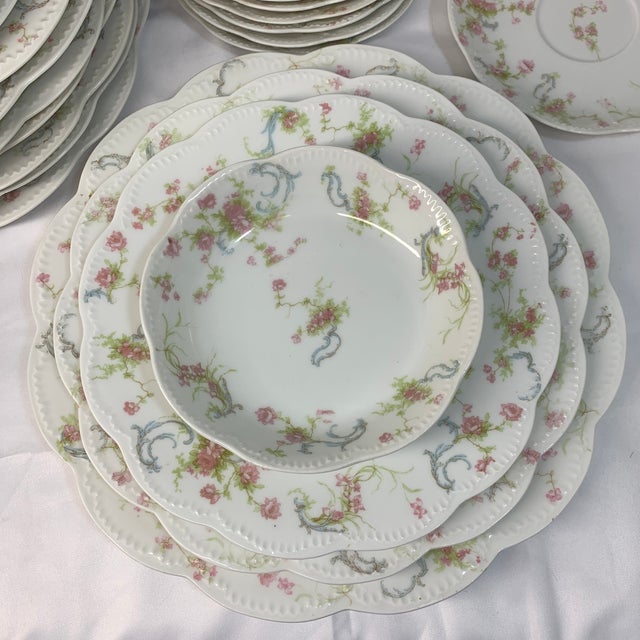 Antique French Haviland Limoges “Princess” Pink Flowers Blue Ribbons Dinnerware Set With Tea Cups - Service for 8 - 48 Pieces For Sale - Image 9 of 12
