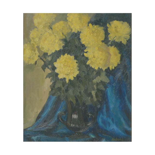Yellow Yellow Mums With Blue Drape - Mid Century Floral Still Life by Antoni For Sale - Image 8 of 9