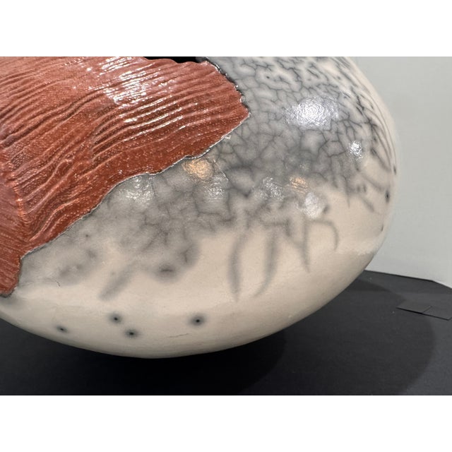 Large Sculptural Studio Pottery Vessel / Pod Form White Crackle Raku-Style Glaze, Textured Panels For Sale - Image 13 of 17