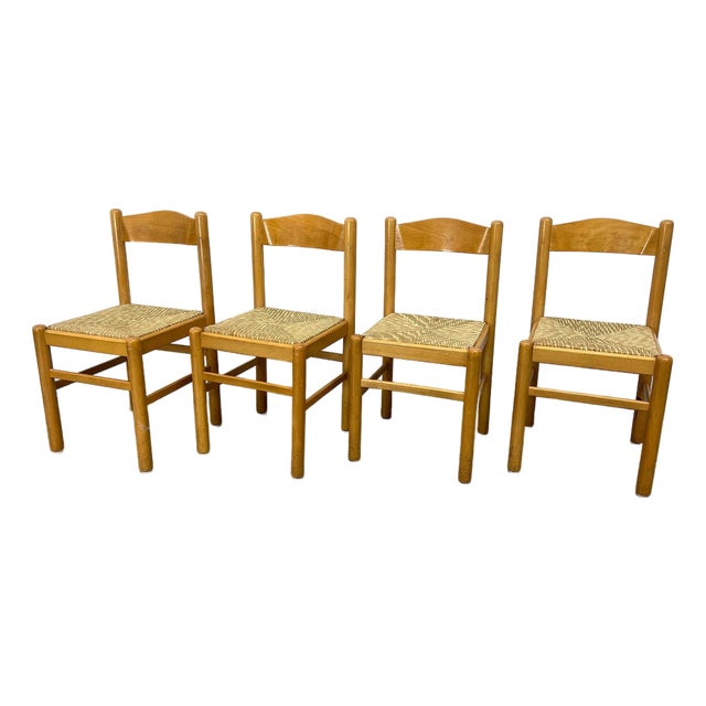 A Set of Four Vintage Rush Seat Dining Chairs For Sale