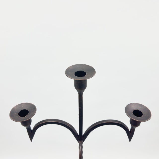 2020s Hand Forged Iron Floor Candelabra 49″ (124cm) Antique Copper Patina 3-Arm Wide Base Stable Candle Holder Rustic Decor For Sale - Image 5 of 8
