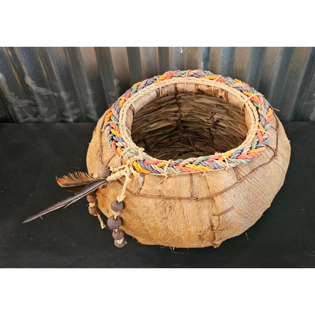 Vintage Native American Style Handwoven Fiber Basket With Feather & Beaded Details For Sale - Image 4 of 14