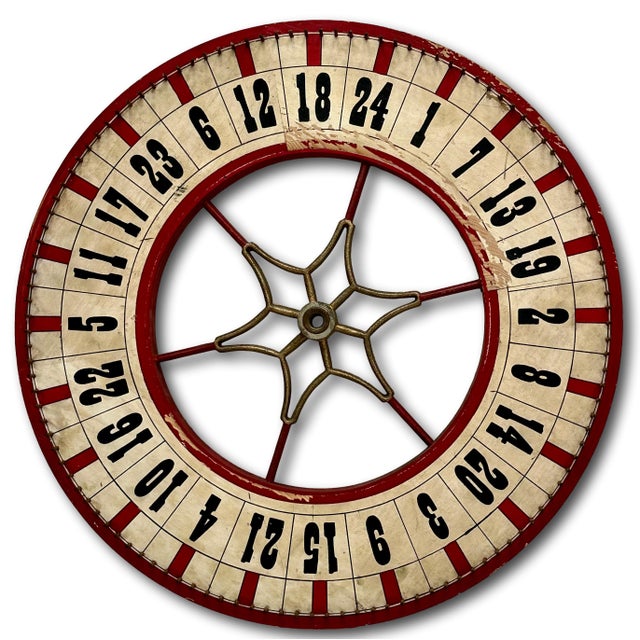 Nice Antique American Hand Painted Wood & Metal Wheel of Fortune Gaming Wheel Circa Early 20th Century For Sale - Image 15 of 18