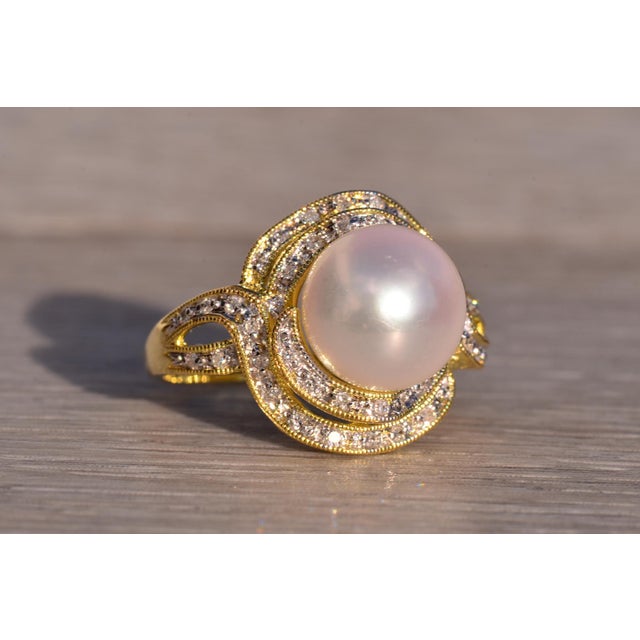 Gold The Malibu Creek: Pearl and Natural Diamond Swirl Ring in Yellow Gold For Sale - Image 8 of 11