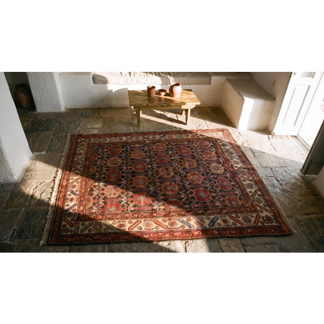 Brown 1920s Brown Geometric Tribal Antique Persian Malayer Rug 4'8" X 5'6" Handknotted Wool Carpet For Sale - Image 8 of 10