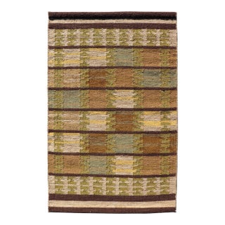 Modern Scandinavian Flat Weave Rug in Olive, Brown, and Soft Beige For Sale