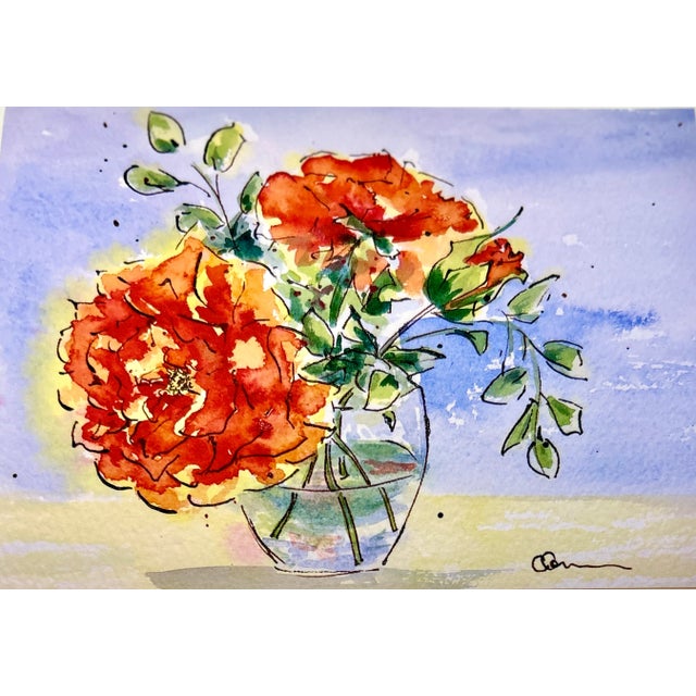 Giclee Print Watercolor Painting “Red Orange Rose” For Sale