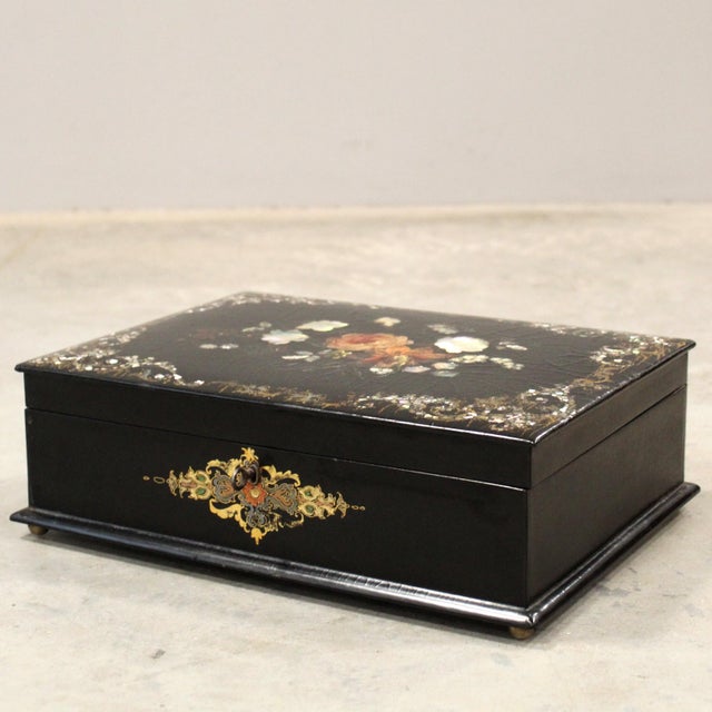 Napoleon III Sewing Box and Jewelry Box Made of black lacquered wood with hand-painted floral and gold inlays, the...
