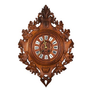 1855 Grand and Imposing Chime Carved Wooden Cartel Clock and Enameled Cartridges by Vincenti & Cie For Sale