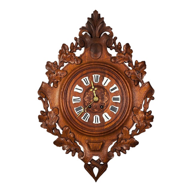 1855 Grand and Imposing Chime Carved Wooden Cartel Clock and Enameled Cartridges by Vincenti & Cie For Sale