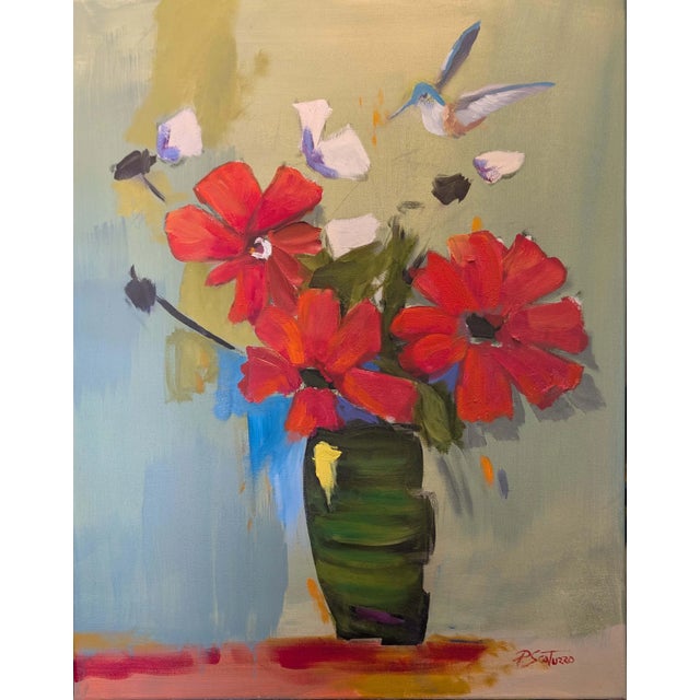 Red Flowers Green Vase Abstract Painting by Paul Scaturro For Sale