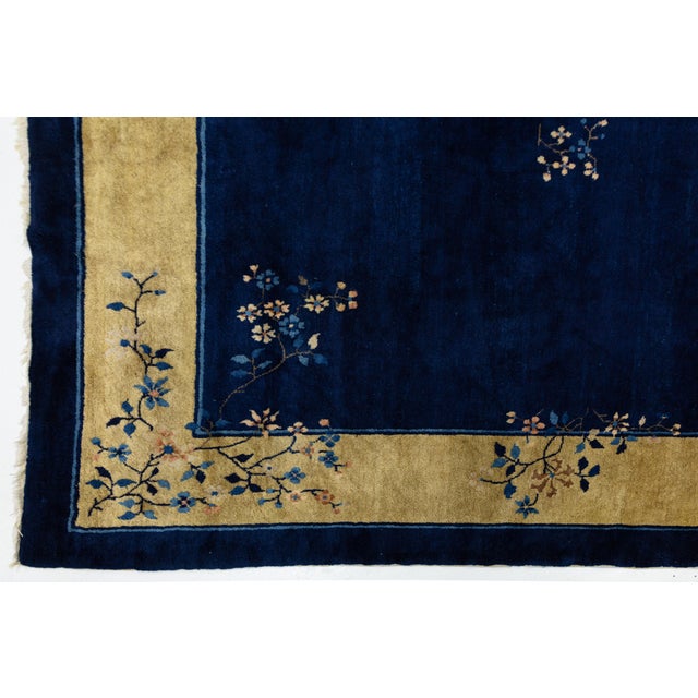 1920s Antique Chinese Art Deco Wool Rug in Midnight Blue & Ochre Gold For Sale - Image 9 of 12